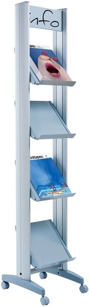 Prospektständer Mobile, mit Metallablagen für 4 Prospekte, 167,8 x 33 x 38,5 cm, 4 schwenkbare Rollen alu