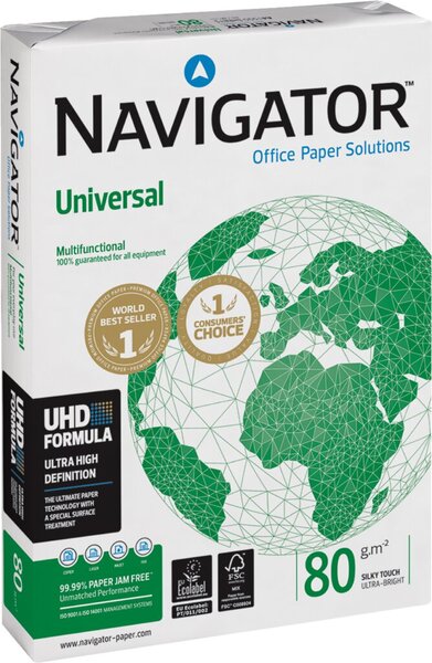 Kopierpapier Navigator Universal, DIN A4, 80g/qm, weiß, Weißegrad 169 CIE, Packung à 500 Blatt