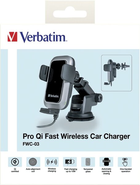 Fast Wireless Charger FWC-03, Autohalterung für Smartphones, Kabellose Ladetechnik Qi, 9V/12V, Kabel USB Typ-A-C, 1m, schwarz