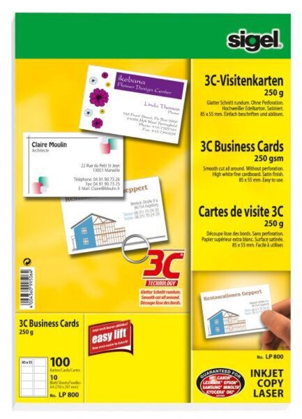 Visitenkarten 3C, I+L+K, 250g/qm, weiß, glatter Schnitt rundum, 85 x 55 mm, 10 Blatt, 100 Karten