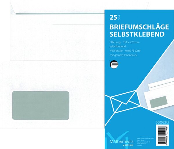 Briefumschlag DIN lang, mit Fenster, selbstklebend, weiß, 75g/qm, 25 Stück