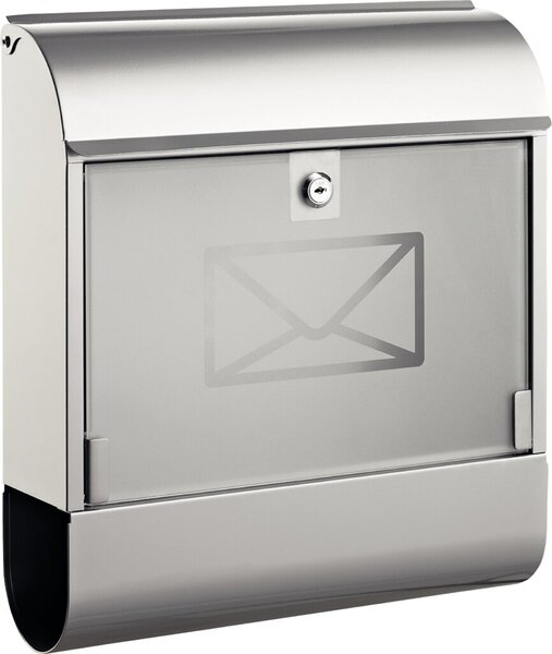 Briefkasten Stahl, silber, mit Zeitungsbox, Glastür, Schloss, 2 Schlüssel, Maße: 36 x 41 x 11,5 cm