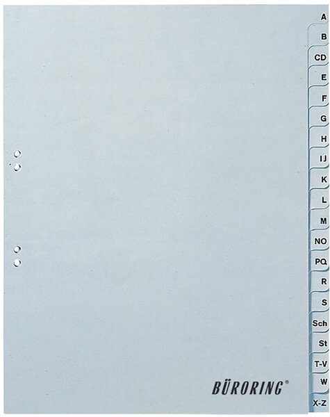Kunststoffregister, DIN A4, 20-teilig, A-Z, 125 my, PP, grau, 2-fach Lochung