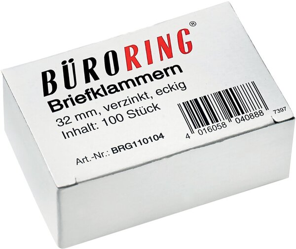 Briefklammern 32 mm, verzinkt, eckig, 100 Stück
