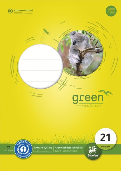 Green Arbeitsblätterblock 21, DIN A4, 50 Blatt, 80g/qm, 9 mm liniert, 4-Loch