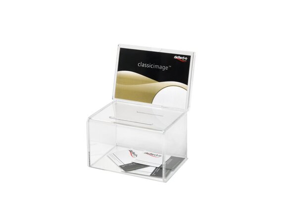 Vorschlag / Spende-Box mit Infoschild und Einwurfschlitz, Maße: 108 x 149 x 222 mm, tansparent