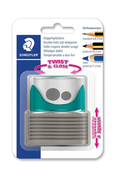 Doppelspitzdose Faltenbalg, 2-Loch, Ø 8,2 mm + 11,2 mm, Spitzform spitz-lang/stumpf-kurz, für Bleistifte/Farbstifte, petrol/grau
