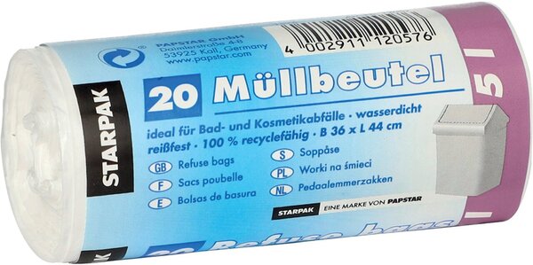 Abfallbeutel, 5 Liter, 16 my, weiß, LDPE-Folie (virgin), 360 x 440 mm, 1 Rolle à 20 Beutel