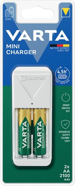 Akku NiMH Ladegerät Mini Charger, 2 Ladeplätze, unterstützt AAA/AA, inkl. 2 x AA Akku (2100mAh)