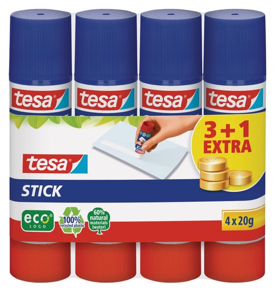 Klebestick tesa Easy Stick ecoLogo, Promotion Set, 20 g, 3 + 1 Stück