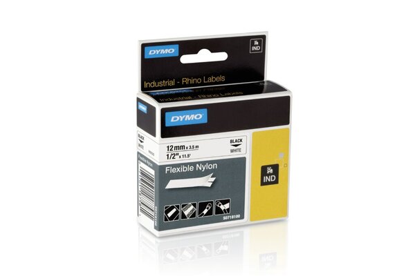 Schriftband für Rhino 4200 / 5200, 12 mm breit / 3,5 m lang, schwarz auf weiß, Vinylband mit Rückseitenschlitzung