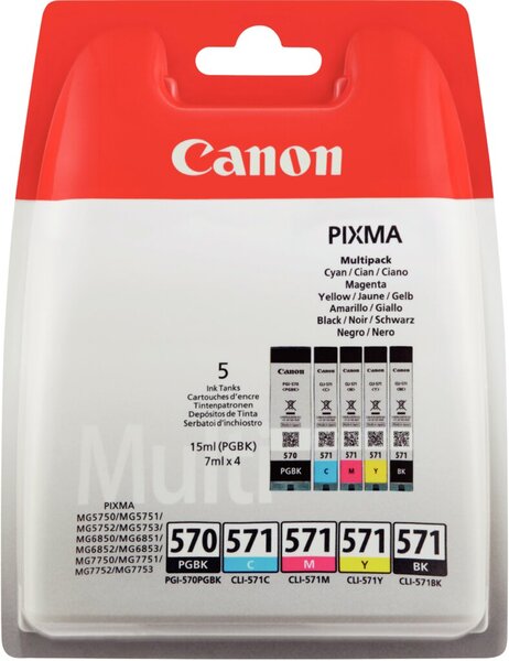 Multipack Tintenpatrone PGI-570/CLI571, für Canon Drucker, 1 x 15 ml, 4 x 7 ml, PGBK/BK/C/M/Y