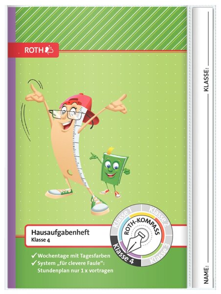 Hausaufgabenheft DIN A5, Klasse 4, Schutzumschlag, 8 Ersatzstundenpläne, Klassenarbeitsplan, 1 Woche/2 Seiten, 104 Seiten