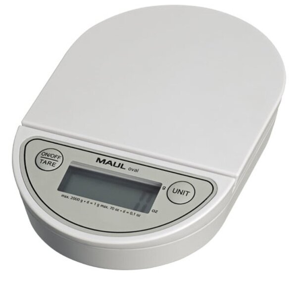 Briefwaage MAULoval, weiß, Tragkraft 2000g, Teilung 1g, Wiegefläche Ø 12 cm, 3 x 12 x 18 cm