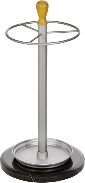 Schirmständer, Metall, silber, pulverbeschichtet, Marmorstandfuß, Abtropfschale, hellem Holzkopf