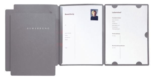 Bewerbungsmappe "Select", mit Klemmschiene, Schriftzug "Bewerbung" in silbernen Lettern auf dem Vorderdeckel, grau