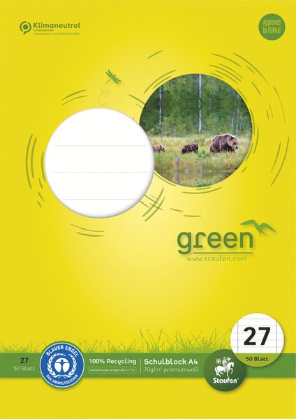 Green Schulblock, DIN A4, Lineatur 27, 50 Blatt, 70g/qm, 9 mm, liniert, mit Rand links, 4-fach Lochung