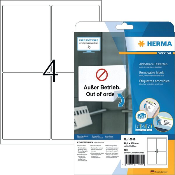 Etiketten, 99,1 x 139 mm, weiß, 100 Etiketten, ablösbar, 25 Blatt