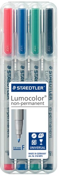 Folienstift Lumocolor®, Strichstärke F - 0,6 mm, non-permanent/wasserlöslich, nachfüllbar, 4er Aufstelletui, sortiert, schwarz, blau, rot, grün
