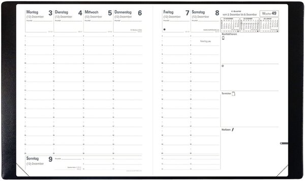 Wochenkalender PRE 777 VZ, 1 Woche/2 Seiten, 13 Monate Dez.-Dez., Spaltenansicht, 21 x 27 cm, Impala Kunststoff, schwarz