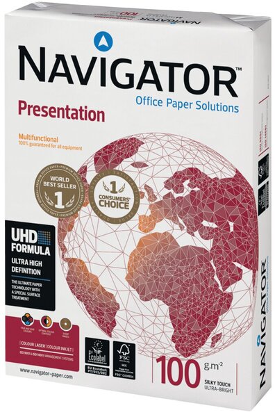 Kopierpapier Navigator Presentation, DIN A4, 100g/qm, weiß, Weißegrad 169 CIE, Packung à 500 Blatt