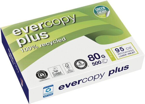 Kopierpapier Evercopy Recycling, DIN A4, 80g/qm, weiß, Weißegrad 95 CIE, Packung à 500 Blatt