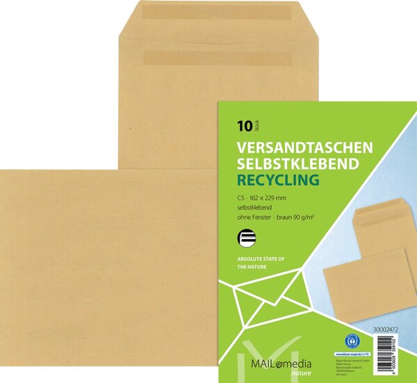 Versandtasche DIN C5, ohne Fenster, selbstklebend, natronbraun, 90g/qm, 10 Stück