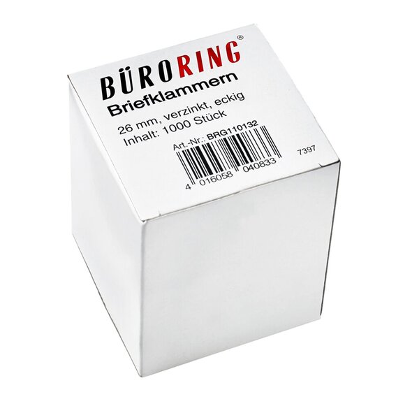 Briefklammern 26 mm, verzinkt, eckig, 1000 Stück