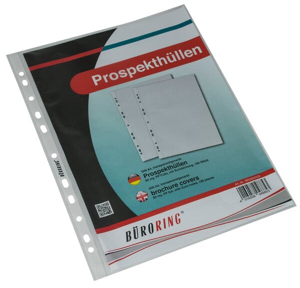 Prospekthülle, DIN A4, farblos, PP-Folie, 60 my, Oberfläche genarbt, oben offen, Eurolochung, 100 Hüllen