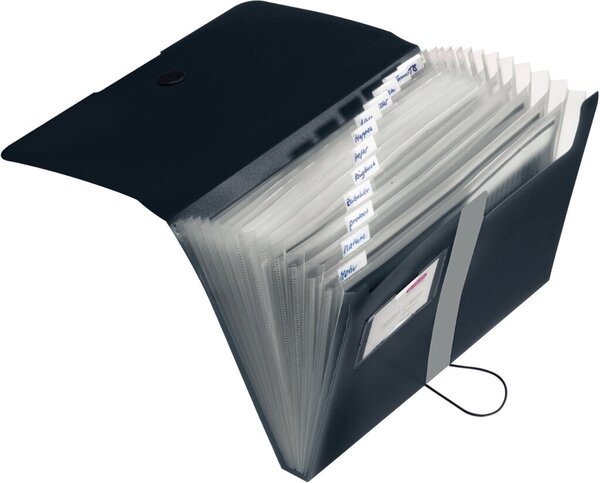 Fächermappe, DIN A4, 12 Fächer, Gummizug, PP-Folie, schwarz