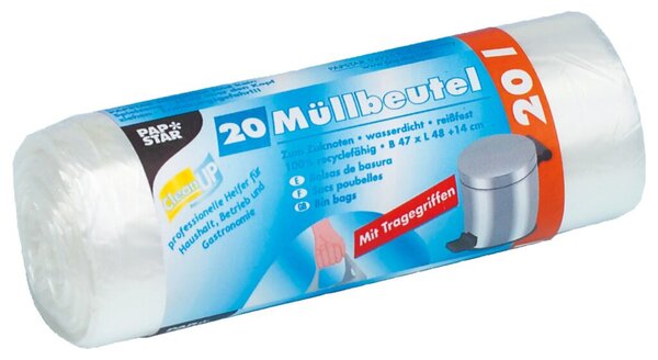 Abfallbeutel mit Tragegriff, 20 Liter, 12 my, transparent, HDPE-Folie, 470 x 480 mm, 1 Rolle à 20 Beutel