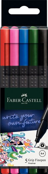 Feinschreiber Finepen GRIP, Strichstärke 0,4 mm, Schreibfarbe sortiert basic, 5er Etui, sortiert, schwarz, blau, rot, grün, rosa