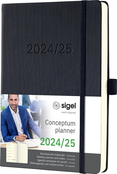Wochenkalender Conceptum DIN A5, 2024/2025, 18 Monate, 1 Woche/2 Seiten, links Woche rechts Notizen, Hardcover, 256 Seiten, Gummibandverschluss, Stiftschlaufe, schwarz