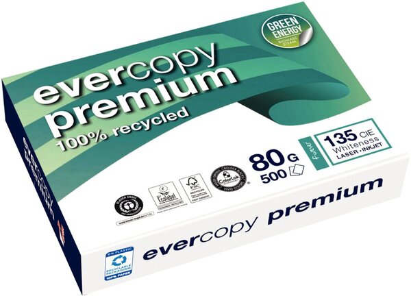 Kopierpapier Evercopy Recycling, DIN A4, 80g/qm, weiß, Weißegrad 135 CIE, Packung à 500 Blatt