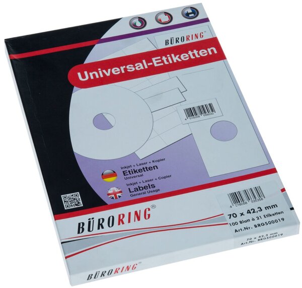 Etiketten, 70 x 42,3 mm, weiß, 2.100 Etiketten, lösungsmittelfrei, Inkjet-, Laserdrucker, Kopierer, 100 Blatt