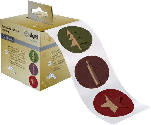 Weihnachts-Sticker, Cut-out-style (Baum, Kerze, Stern), 200 Sticker/Rolle, Ø 4,7 cm, in Spenderbox aus Karton