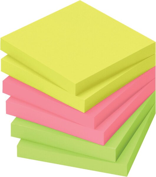 Haftnotiz, Recycling, 75 x 75 mm, neon gelb, pink, grün, 100 Blatt/Block, 6 Blöcke