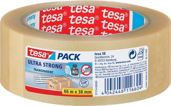 Packband tesapack® Ultra Strong, 38 mm x 66 m, transparent, PVC-Quallität, extrem reißfest
