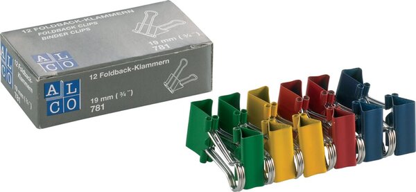 Foldbackklammern, blau, grün, rot, gelb, sortiert, vernickelt, Breite 19 mm, Packung à 12 Klammern