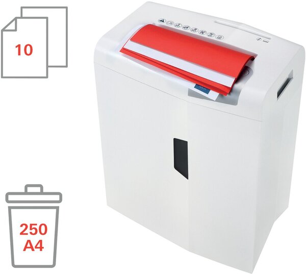 Aktenvernichter shredstar X10, 4,5 x 30 mm Partikelschnitt, Sicherheitsstufe P-4, Leistung 10 Blatt, Auffangvolumen 20 Liter, Maße 345 x 445 x 245 mm, weiß/silber