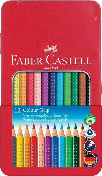 Buntstift COLOUR GRIP, Minenstärke 3,3 mm, Härtegrad weich, Schaftform Dreikant, wasservermalbar, 12 Stück, Metalletui, sortiert