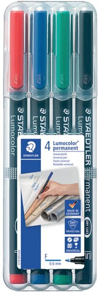 Folienstift Lumocolor®, Strichstärke F - 0,6 mm, permanent/wasserfest, nachfüllbar, 4er Aufstelletui, sortiert, schwarz, blau, rot, grün