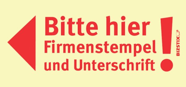Haftnotizen gelb, 75 x 35 mm, "Bitte hier Firmenstempel und Unterschrift", 100 Blatt pro Block