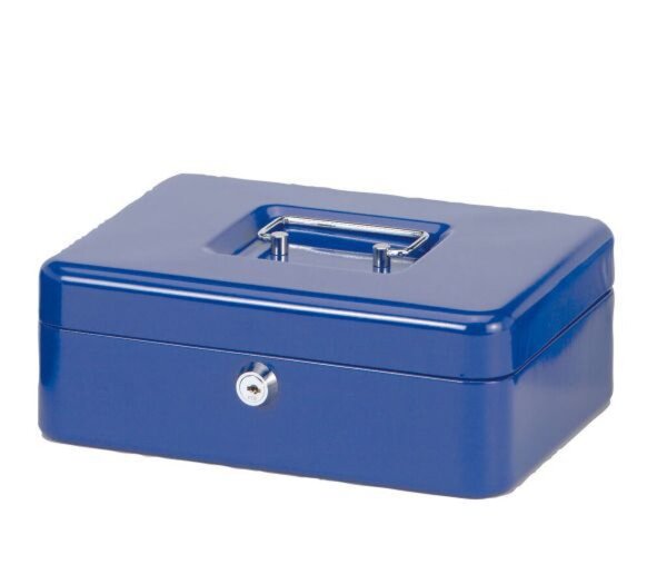 Geldkassette, blau, 250 x 190 x 88 mm, lackierter Stahl, Sicherheitszylinderschloss
