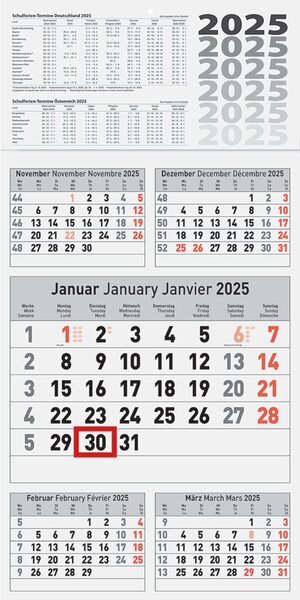 5-Monats-Wandkalender, 5 Monate/1 Seite, 30 x 58,5 cm, Datumsschieber rot, aktueller Monat in der Mitte, drüber 2 Vormonate und drunter 2 Folgemonate