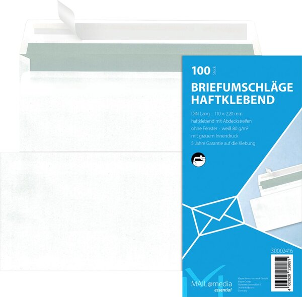 Briefumschlag DIN lang, ohne Fenster, haftklebend, weiß, 72g/qm, 100 Stück