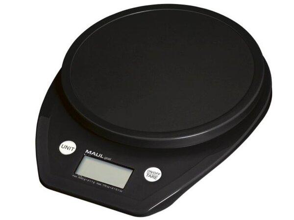 Briefwaage MAULgoal, schwarz, Tragkraft 5000g, Teilung 1g, Wiegefläche Ø 15 cm, 3 x 16 x 20 cm