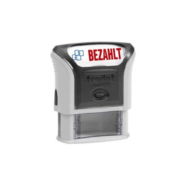 Stempel Printy, Motiv/Text: BEZAHLT, Abdruck: blau/rot, 47 x 18 mm