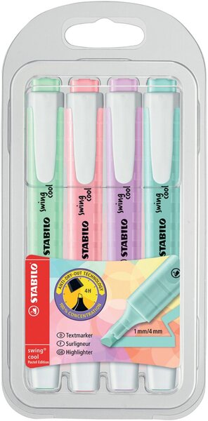 Textmarker swing cool, Keilspitze, Strichstärke 1 + 4 mm, mit Clip, sortiert, türkis, minzgrün, rosa, lila, Etui, 4 Stück