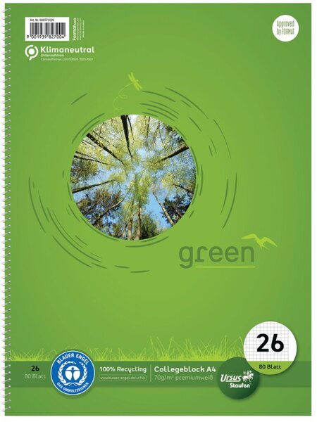Green Collegeblock, DIN A4, kariert, 80 Blatt, mit Rand, 70g/qm, Lineatur 26